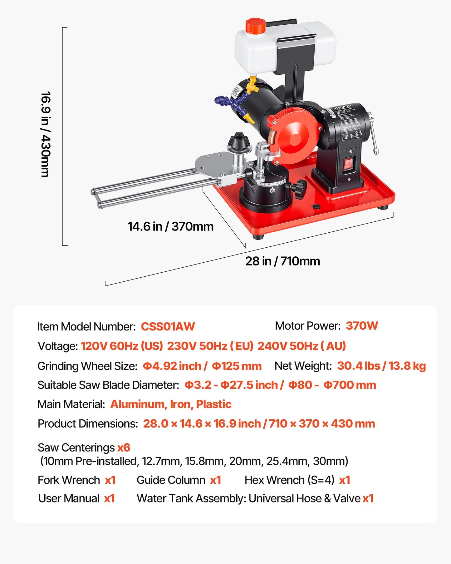 Circular Saw Blade Sharpener with Water Tank, 370W 2890RPM Rotary Angle Mill Grinder, Water Injection Sharpening Machine with 125mm Grinding Wheel - Fits Φ80mm to Φ700mm Circular Saw Blades