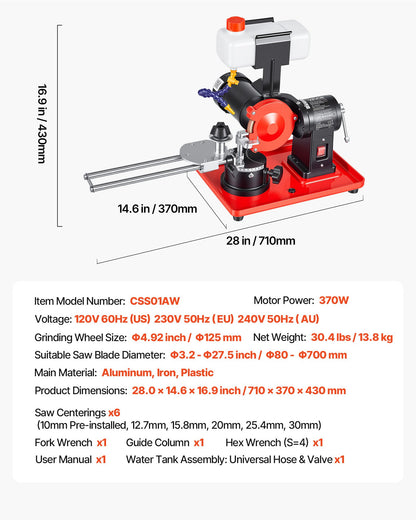 Circular Saw Blade Sharpener with Water Tank, 370W 2890RPM Rotary Angle Mill Grinder, Water Injection Sharpening Machine with 125mm Grinding Wheel - Fits Φ80mm to Φ700mm Circular Saw Blades