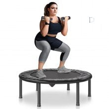 Foldable mini trampoline reduces to 80 percent of its size for convenient storage under furniture