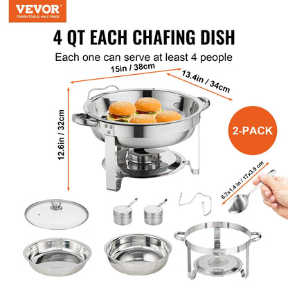2-Pack Round Chafing Dish Set with Glass Lid and Fuel Holder, 4 Qt Capacity