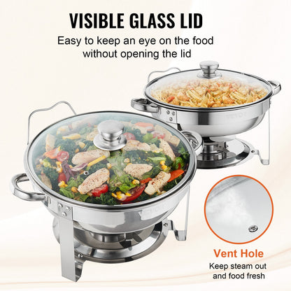 2-Pack Round Chafing Dish Set with Glass Lid and Fuel Holder, 4 Qt Capacity