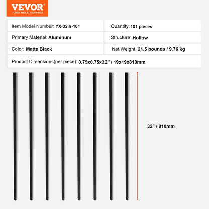 VEVOR Staircase Metal Balusters, 3/4'' Round x 32'' Long Aluminum Decorative Banister