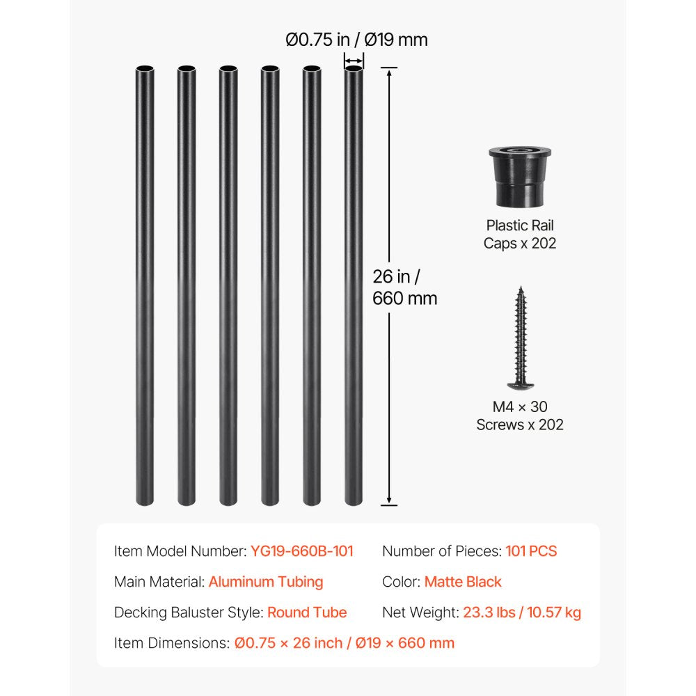 Staircase Balusters 101 Pack 660mm Aluminum Spindles with Screws/Rail Caps