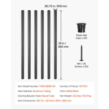 Staircase Balusters 101 Pack 660mm Aluminum Spindles with Screws/Rail Caps