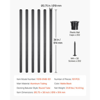 VEVOR Staircase Balusters 101 Pack 914mm Aluminum Spindles with Screws/Rail Caps