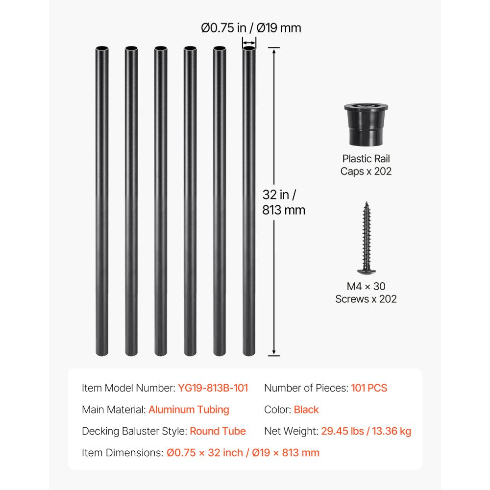 VEVOR Staircase Balusters 101 Pack 813mm Aluminum Spindles with Screws/Rail Caps