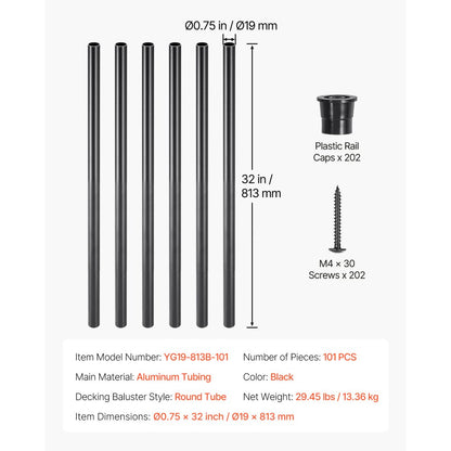 VEVOR Staircase Balusters 101 Pack 813mm Aluminum Spindles with Screws/Rail Caps