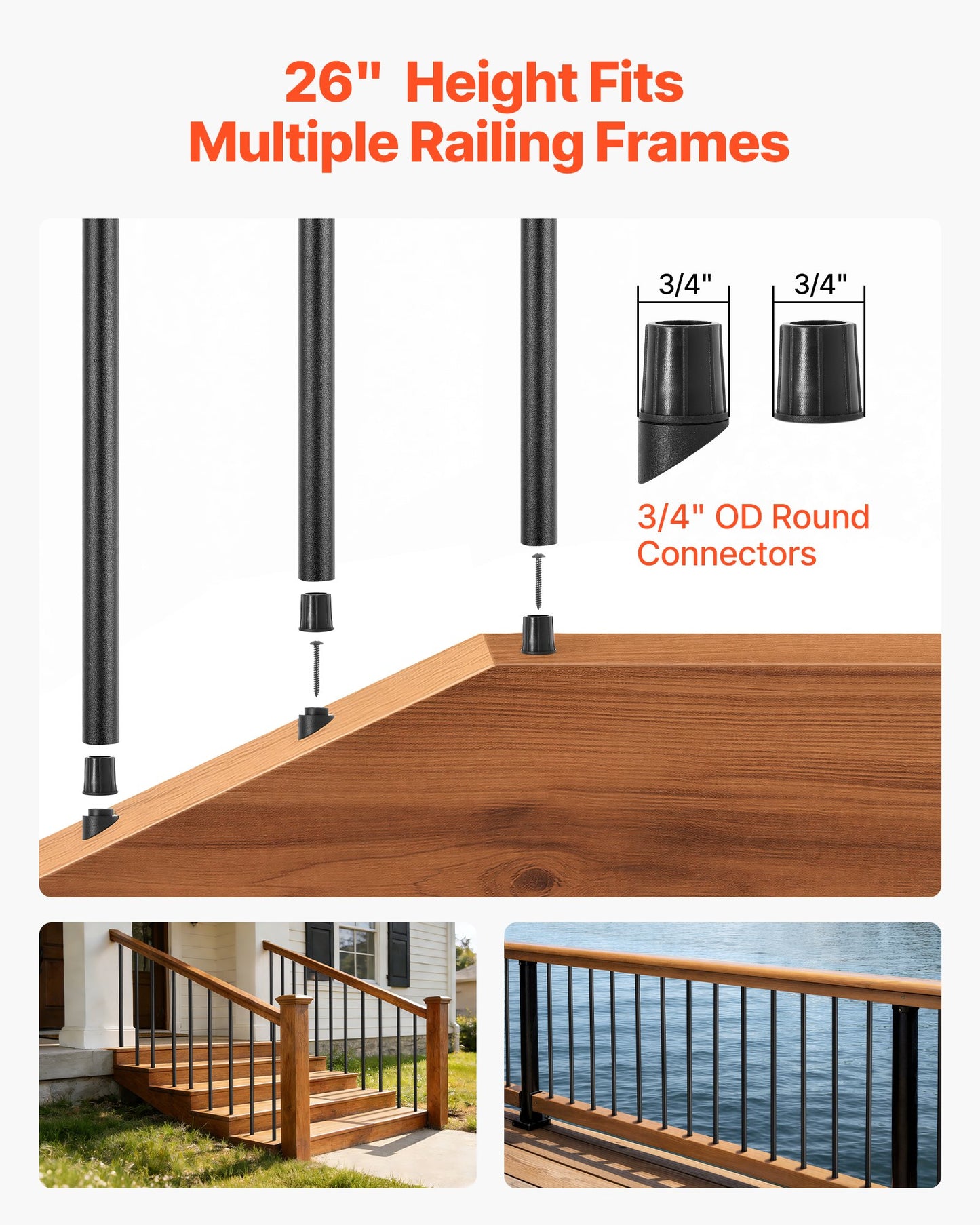 125 Pack Deck Balusters, 66 cm Aluminum Railing Spindles, 1.9 cm Diameter Hollow Round Metal Decking Stair Balusters with Connectors, Screws, for Deck, Porch & Staircase Railing Fence, Black