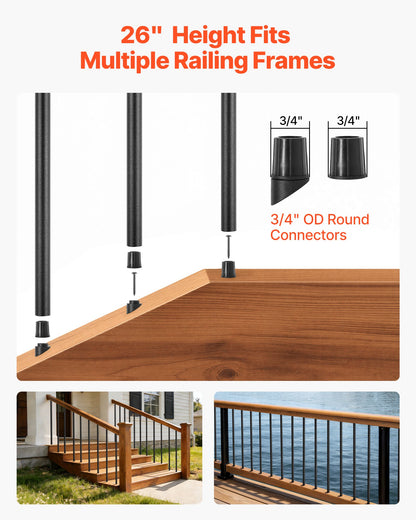 125 Pack Deck Balusters, 66 cm Aluminum Railing Spindles, 1.9 cm Diameter Hollow Round Metal Decking Stair Balusters with Connectors, Screws, for Deck, Porch & Staircase Railing Fence, Black
