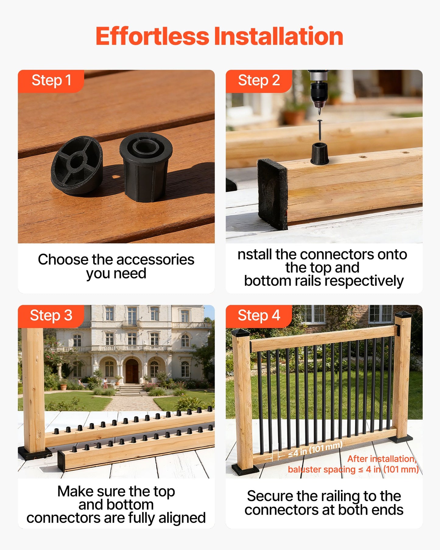 125 Pack Deck Balusters, 66 cm Aluminum Railing Spindles, 1.9 cm Diameter Hollow Round Metal Decking Stair Balusters with Connectors, Screws, for Deck, Porch & Staircase Railing Fence, Black