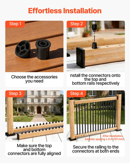 125 Pack Deck Balusters, 66 cm Aluminum Railing Spindles, 1.9 cm Diameter Hollow Round Metal Decking Stair Balusters with Connectors, Screws, for Deck, Porch & Staircase Railing Fence, Black