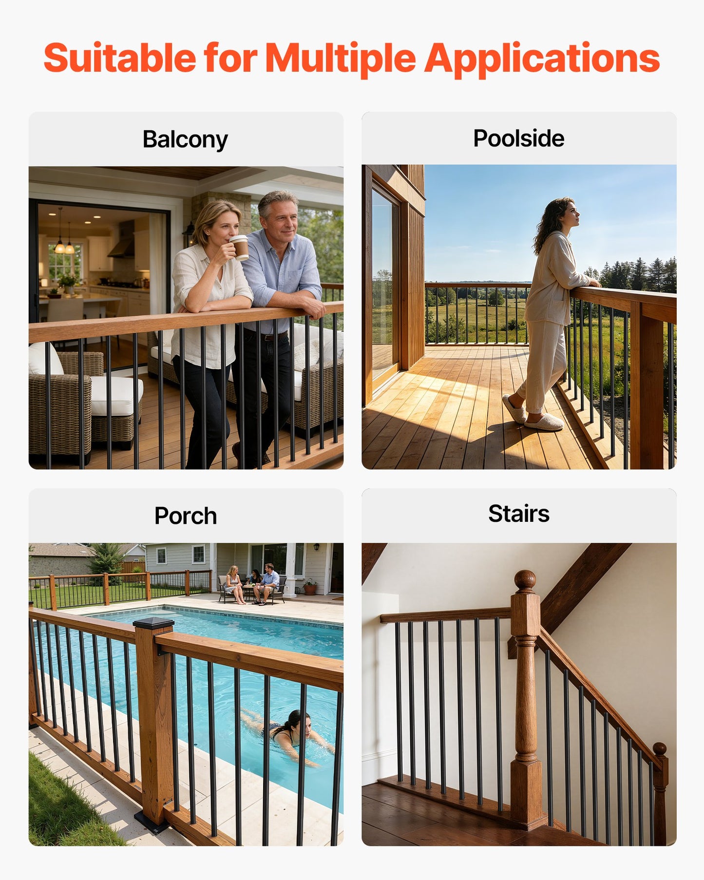 125 Pack Deck Balusters, 66 cm Aluminum Railing Spindles, 1.9 cm Diameter Hollow Round Metal Decking Stair Balusters with Connectors, Screws, for Deck, Porch & Staircase Railing Fence, Black