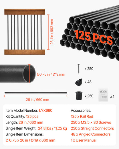 125 Pack Deck Balusters, 66 cm Aluminum Railing Spindles, 1.9 cm Diameter Hollow Round Metal Decking Stair Balusters with Connectors, Screws, for Deck, Porch & Staircase Railing Fence, Black