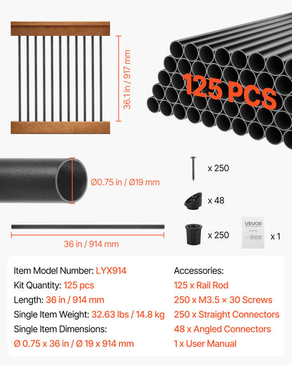 125 Pack Deck Balusters, 91.4 cm Aluminum Railing Spindles, 1.9 cm Diameter Hollow Round Metal Decking Stair Balusters with Connectors, Screws, for Deck, Porch & Staircase Railing Fence, Black