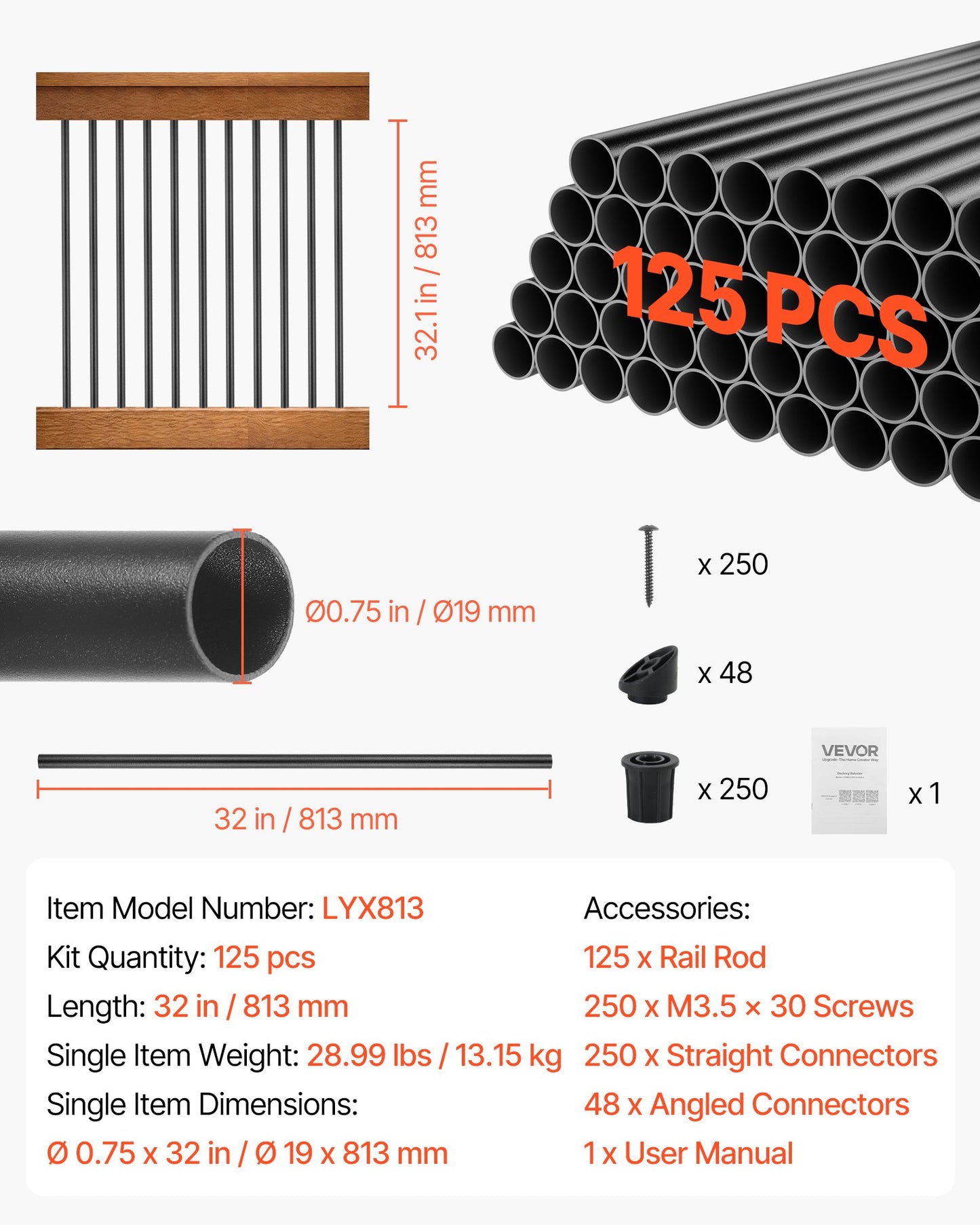 125 Pack Deck Balusters, 81.3 cm Aluminum Railing Spindles, 1.9 cm Diameter Hollow Round Metal Decking Stair Balusters with Connectors, Screws, for Deck, Porch & Staircase Railing Fence, Black