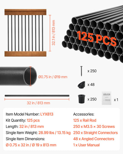 125 Pack Deck Balusters, 81.3 cm Aluminum Railing Spindles, 1.9 cm Diameter Hollow Round Metal Decking Stair Balusters with Connectors, Screws, for Deck, Porch & Staircase Railing Fence, Black