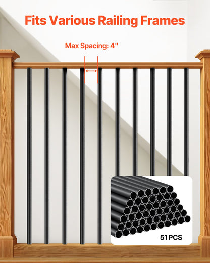 Staircase Balusters 51 Pack, 660 mm Aluminum Stair Balusters, 19 mm Water-Proof Round Metal Spindle Railing, Hollow Deck Railing with Rail Caps & Screws for Stairs, Porch, Patio, Fence, Black