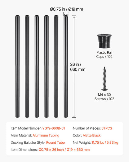 Staircase Balusters 51 Pack, 660 mm Aluminum Stair Balusters, 19 mm Water-Proof Round Metal Spindle Railing, Hollow Deck Railing with Rail Caps & Screws for Stairs, Porch, Patio, Fence, Black
