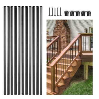 Staircase Balusters 51 Pack, 660 mm Aluminum Stair Balusters, 19 mm Water-Proof Round Metal Spindle Railing, Hollow Deck Railing with Rail Caps & Screws for Stairs, Porch, Patio, Fence, Black