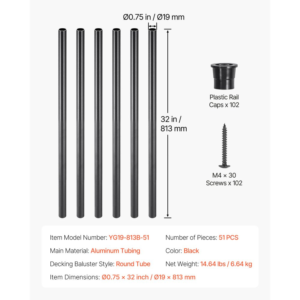 Staircase Balusters 51 Pack 813mm Aluminum Spindles with Screws/Rail Caps
