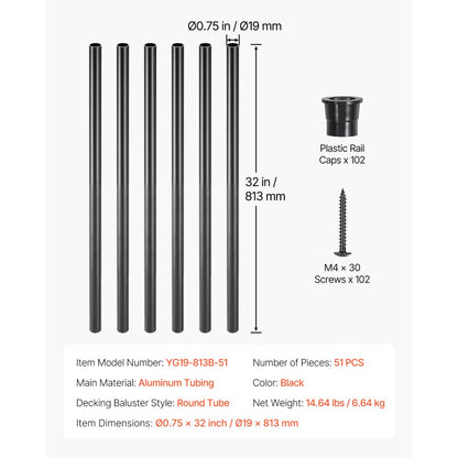 Staircase Balusters 51 Pack 813mm Aluminum Spindles with Screws/Rail Caps
