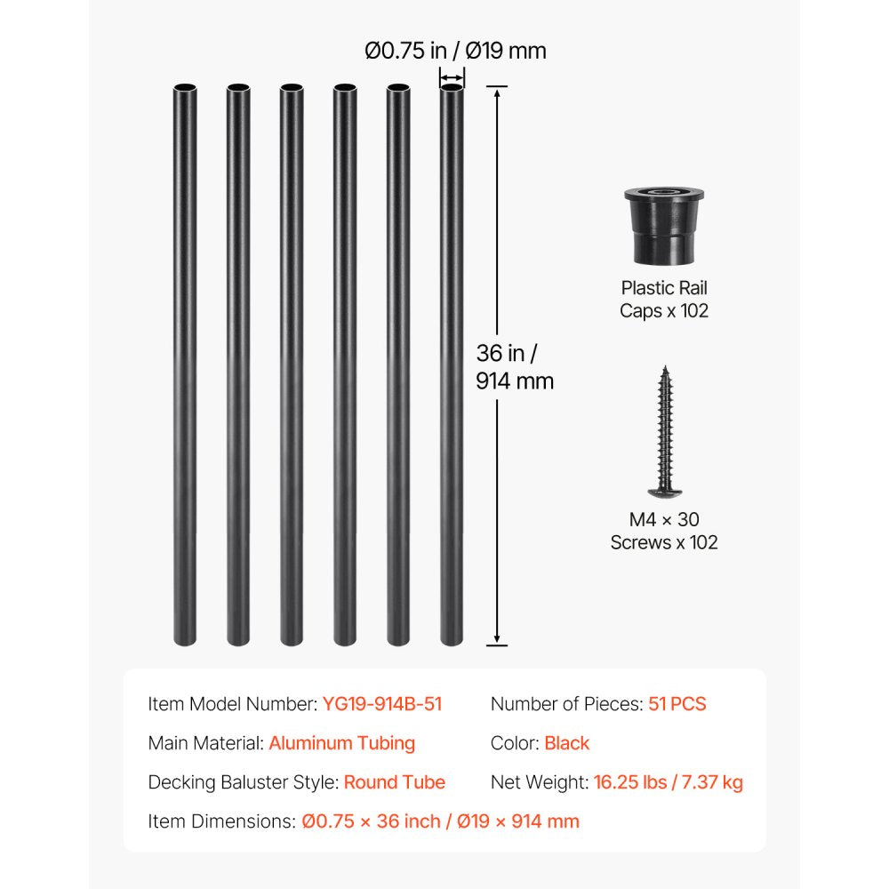 Staircase Balusters 51 Pack 914mm Aluminum Spindles with Screws/Rail Caps