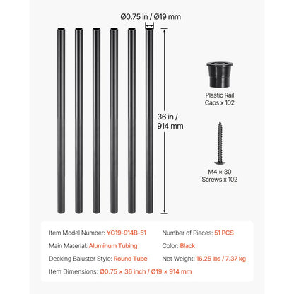 Staircase Balusters 51 Pack 914mm Aluminum Spindles with Screws/Rail Caps
