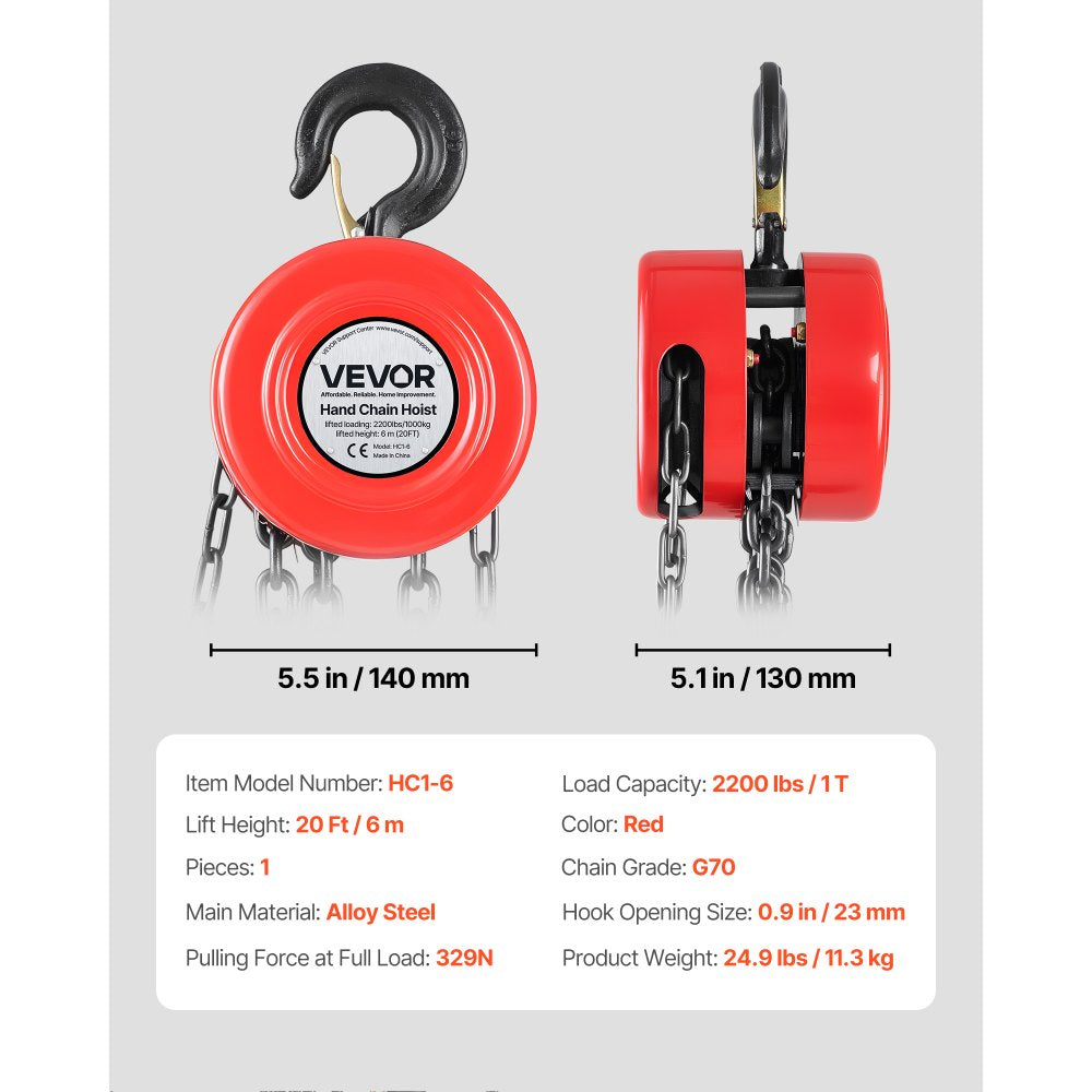 Hand Chain Hoist 1 T Capacity 6 m Manual Chain Block with G70 Chain