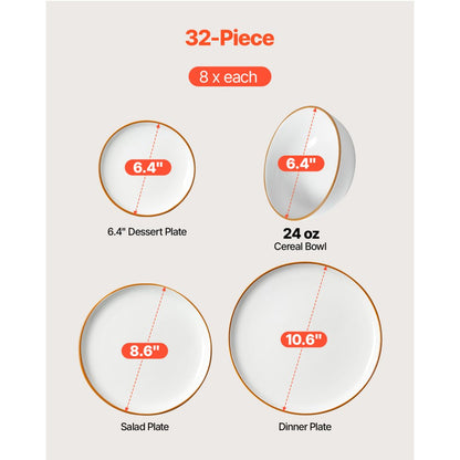 VEVOR 32 PCS Dinnerware Set Ceramic Plates and Bowls Sets Service for 8 White