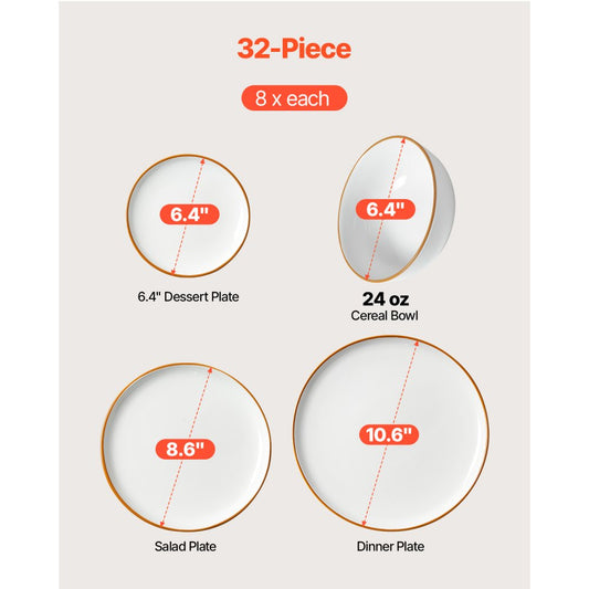 VEVOR 32 PCS Dinnerware Set Ceramic Plates and Bowls Sets Service for 8 White