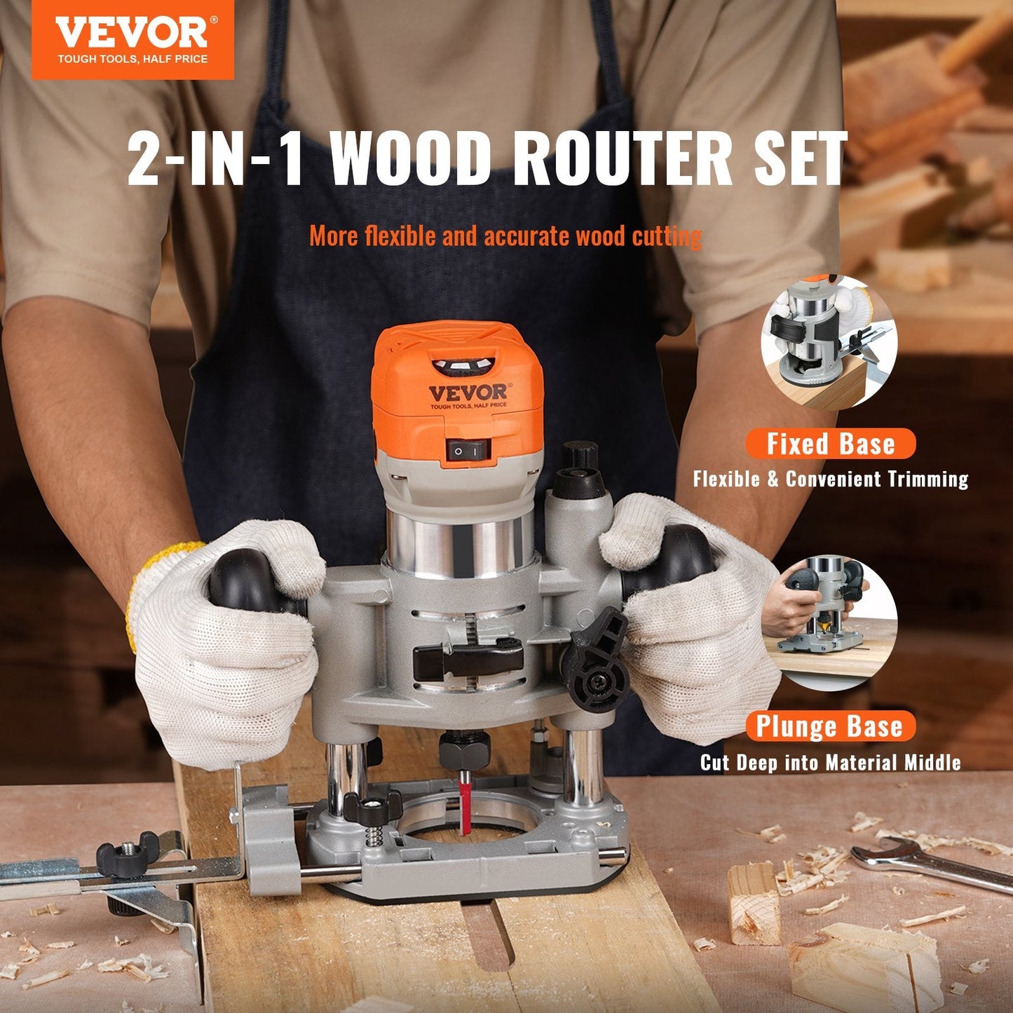 Compact 800W Wood Router Combo Tool with Plunge & Fixed Base, 6 Speeds
