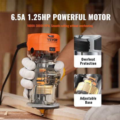 Compact 800W Wood Router Combo Tool with Plunge & Fixed Base, 6 Speeds