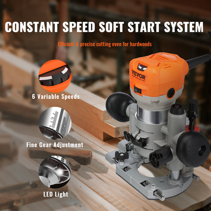 VEVOR Wood Router, 1.25HP 800W, Compact Wood Trimmer Router Combo Tool with Plunge