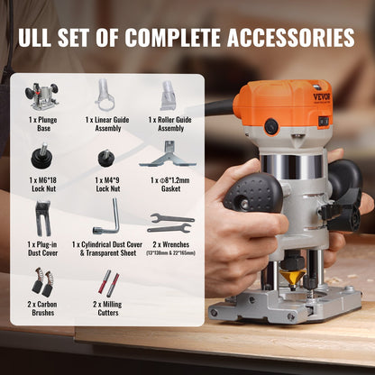 VEVOR Wood Router, 1.25HP 800W, Compact Wood Trimmer Router Combo Tool with Plunge
