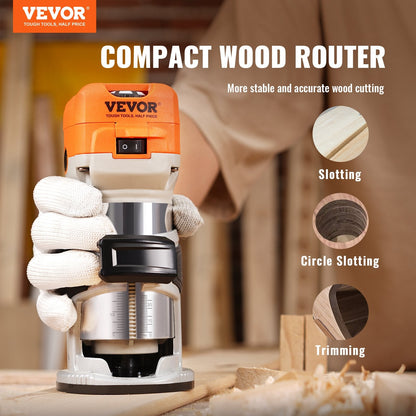 Compact 800W Wood Trimmer Router, 1.25HP, Variable Speed, 1/4 & 5/16 Collets