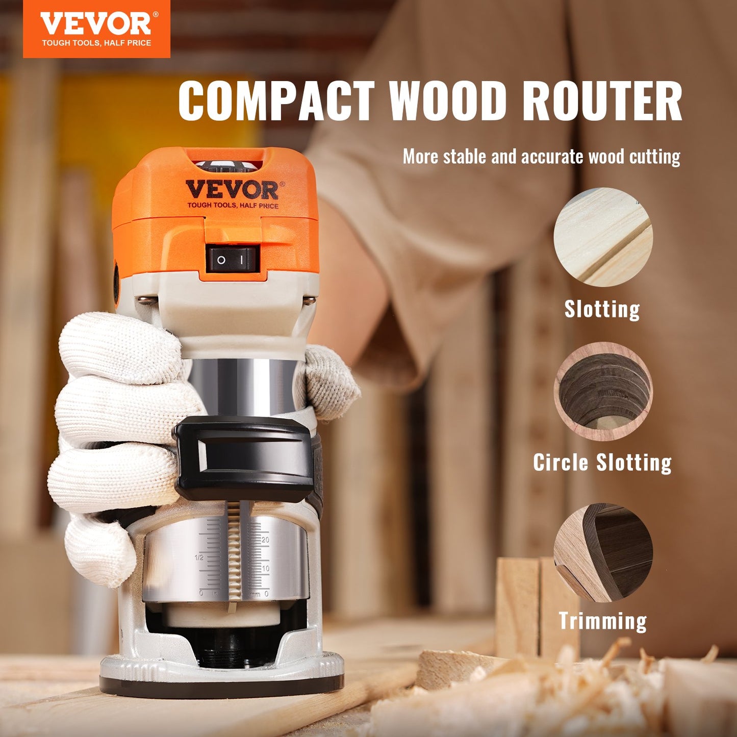 VEVOR Wood Router, 1.25HP 800W, Compact Wood Trimmer Router Tool, 30000RPM Max Speed