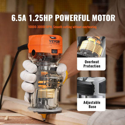 Compact 800W Wood Trimmer Router, 1.25HP, Variable Speed, 1/4 & 5/16 Collets