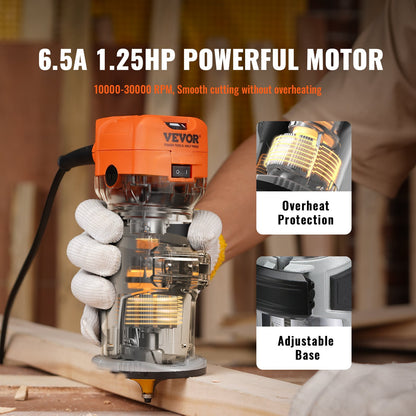 VEVOR Wood Router, 1.25HP 800W, Compact Wood Trimmer Router Tool, 30000RPM Max Speed