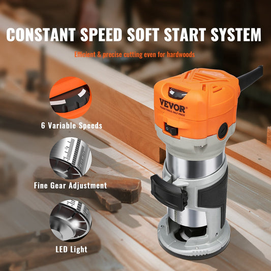 Compact 800W Wood Trimmer Router, 1.25HP, Variable Speed, 1/4 & 5/16 Collets