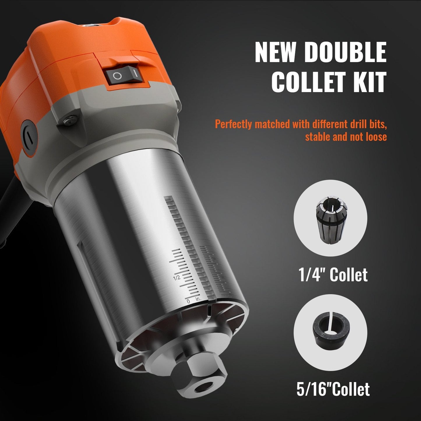 Compact 800W Wood Trimmer Router, 1.25HP, Variable Speed, 1/4 & 5/16 Collets