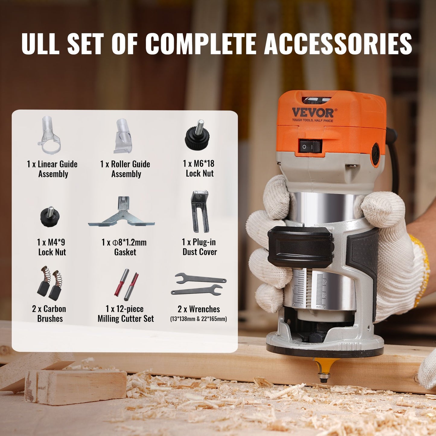 VEVOR Wood Router, 1.25HP 800W, Compact Wood Trimmer Router Tool, 30000RPM Max Speed