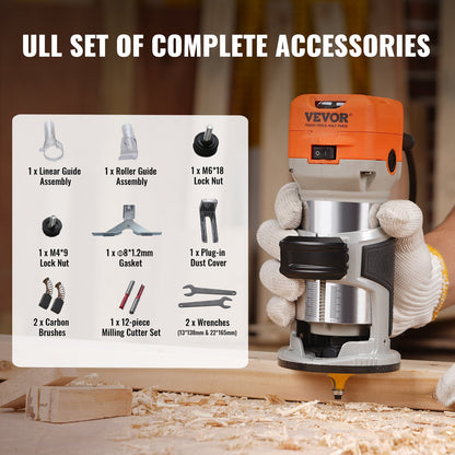 VEVOR Wood Router, 1.25HP 800W, Compact Wood Trimmer Router Tool, 30000RPM Max Speed