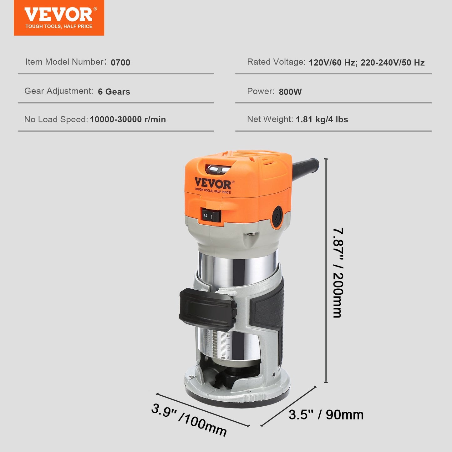 VEVOR Wood Router, 1.25HP 800W, Compact Wood Trimmer Router Tool, 30000RPM Max Speed