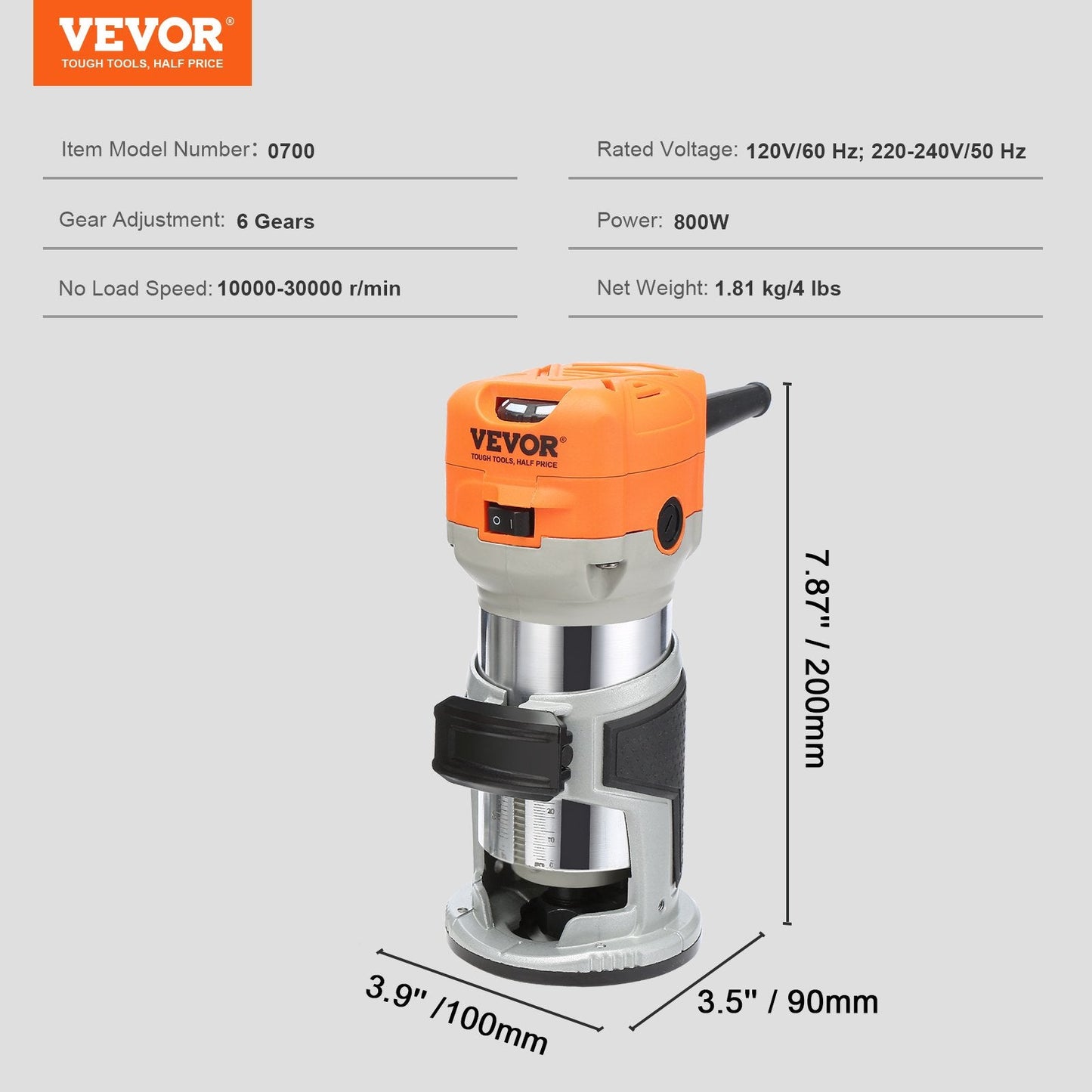 Compact 800W Wood Trimmer Router, 1.25HP, Variable Speed, 1/4 & 5/16 Collets