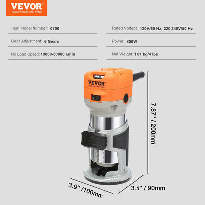 Compact 800W Wood Trimmer Router, 1.25HP, Variable Speed, 1/4 & 5/16 Collets