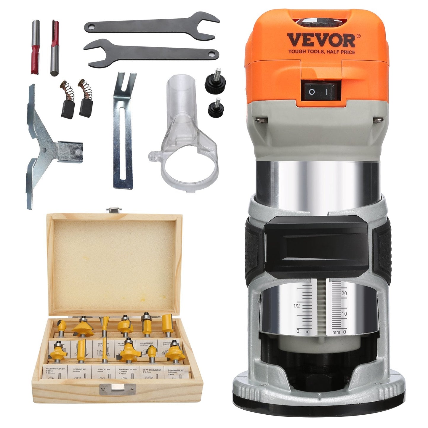 Compact 800W Wood Trimmer Router, 1.25HP, Variable Speed, 1/4 & 5/16 Collets
