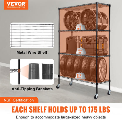 Each adjustable wire shelf supports up to 175 pounds when using the leveling feet