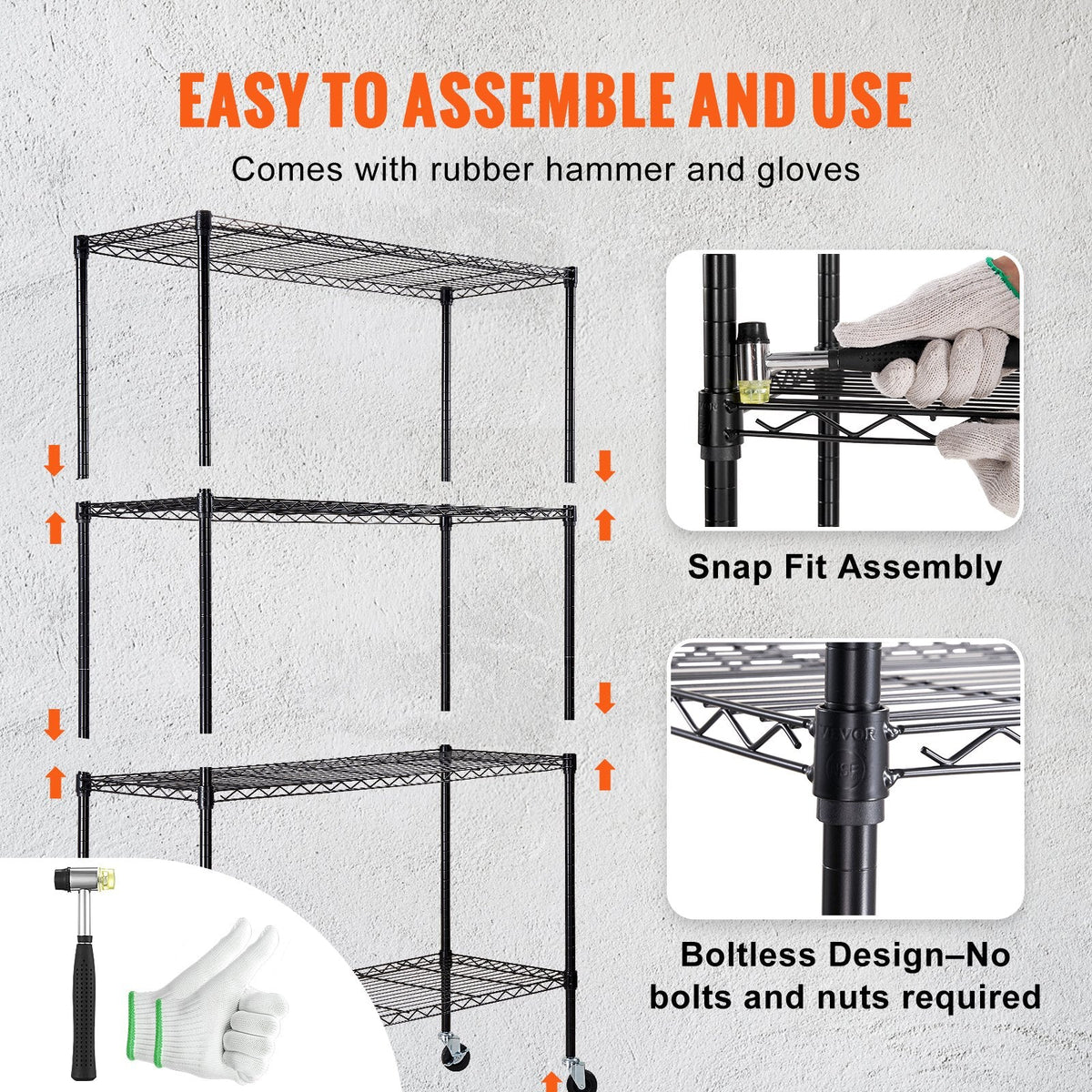Four-tier metal storage shelving unit with wheels provides up to 700 pounds of total capacity