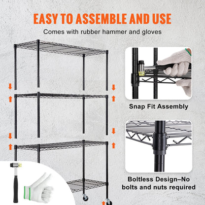 Four-tier metal storage shelving unit with wheels provides up to 700 pounds of total capacity
