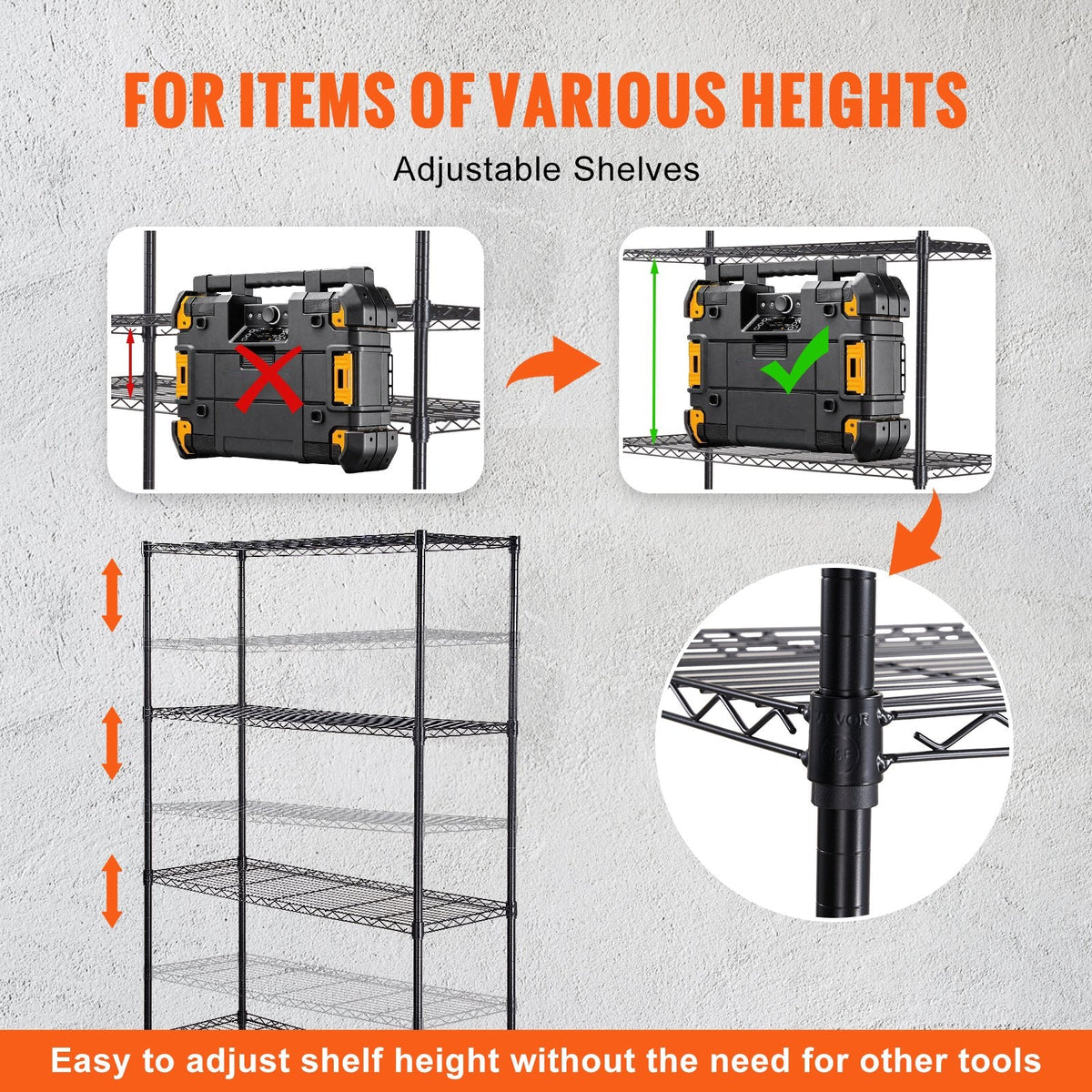 Four leveling feet help balance the heavy-duty shelving unit on uneven floors